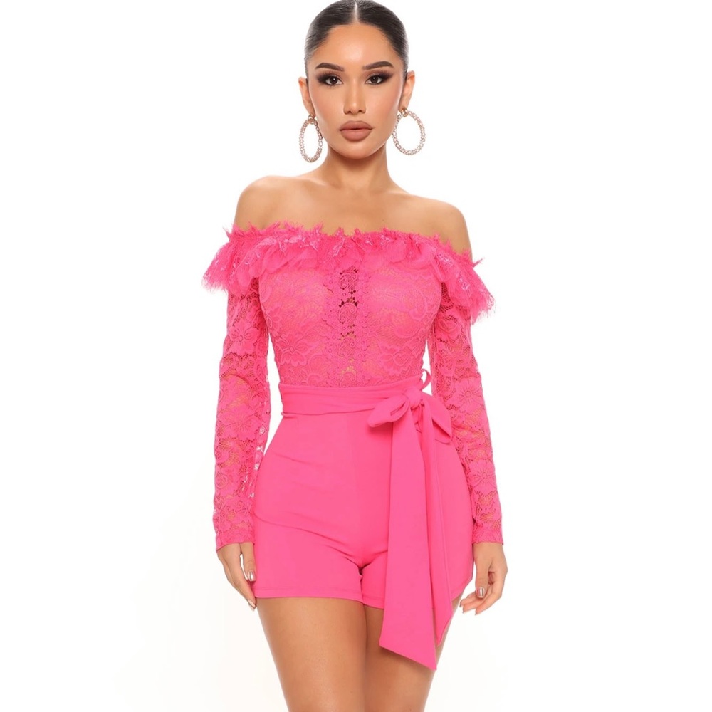 Pink Shorts Romper, ruffle & lace, off shoulder. NEVER WORN